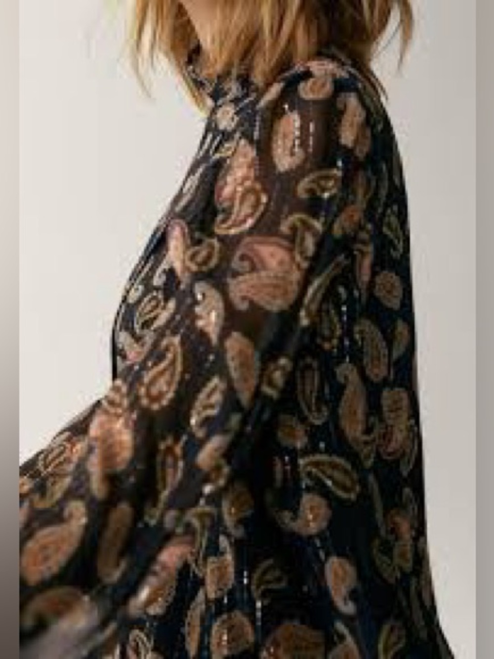 Massimo Dutti Black Paisley Blouse with Metallic Pinstripes Long Sleeves Sz 8 - Picture 3 of 10